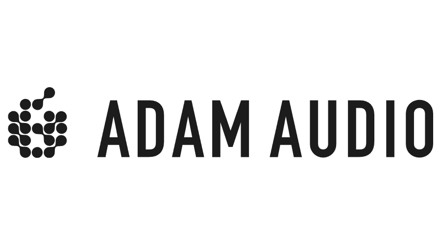 Logo of adam audio featuring a stylized graphic of a sound wave beside the brand name.