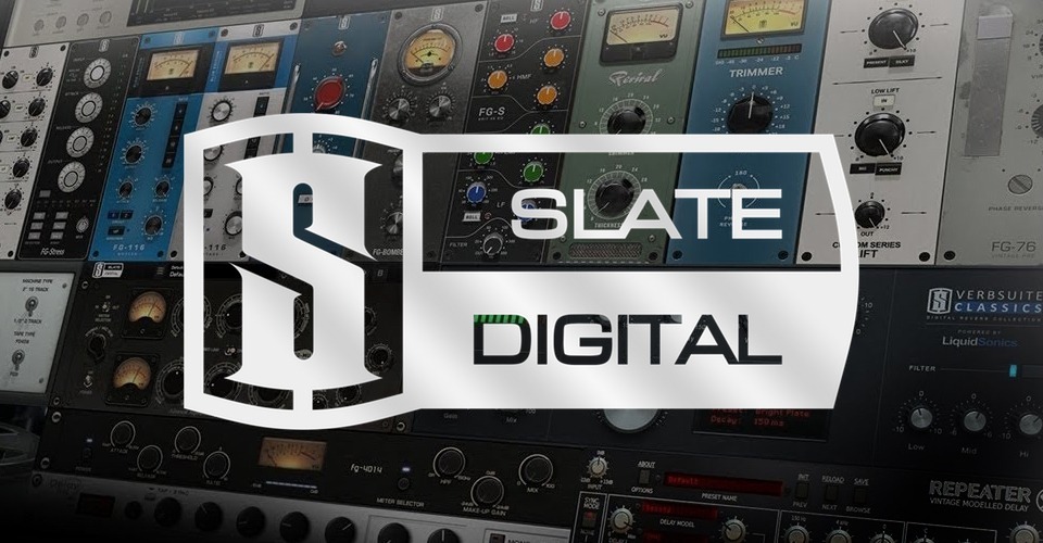 Slate digital logo superimposed on an image of audio processing equipment.