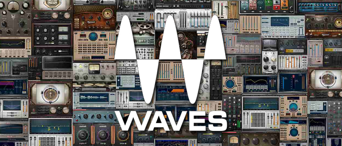 A collage of various audio equipment and effects units with the word "waves" superimposed in the center.